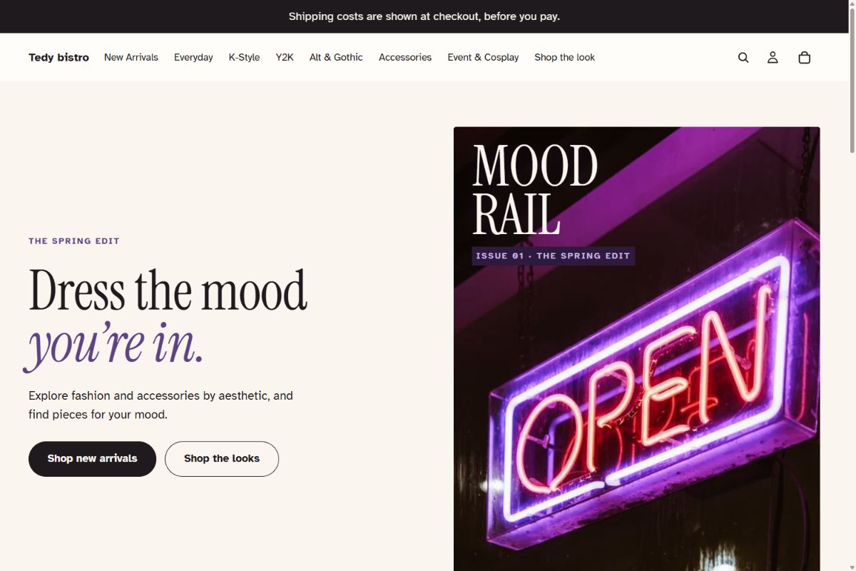 Tedy bistro fashion-store homepage with the Mood Rail cover and shopping links.